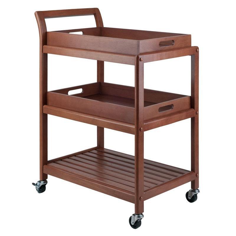 Ceviz Rengi Masif Kayın Ağacı 3 Katlı Çıkarılabilir Tepsili Tekerlekli Servis Arabası - 63x41 cm - 178087