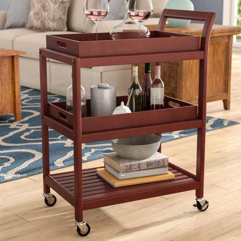 Ceviz Rengi Masif Kayın Ağacı 3 Katlı Çıkarılabilir Tepsili Tekerlekli Servis Arabası - 63x41 cm - 178087
