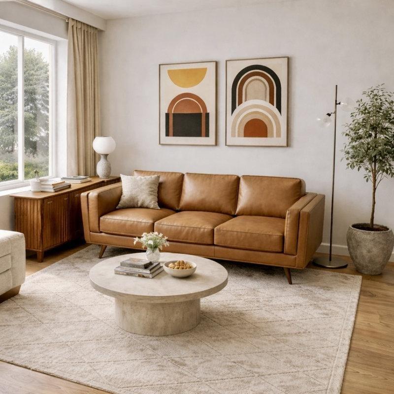 Ceviz Rengi Masif Okaliptüs İskeletli Hakiki Deri Üçlü Koltuk - 230 cm - 195813