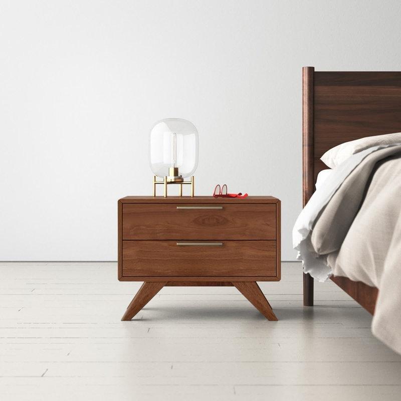 Ceviz Rengi Masif ve MDF İki Çekmeceli Konik Ayaklı Komodin - 61 cm - 223709