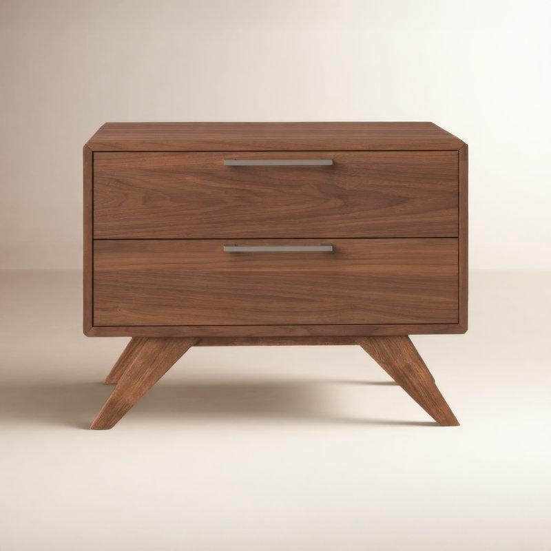 Ceviz Rengi Masif ve MDF İki Çekmeceli Konik Ayaklı Komodin - 61 cm - 223709