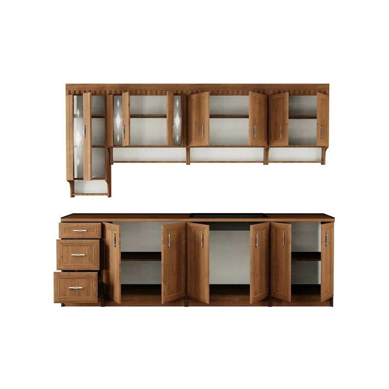 Ceviz Rengi MDF 13 Kapaklı 3 Çekmeceli Ayarlanabilir Raflı Mutfak Modeli - 260 cm - 186592