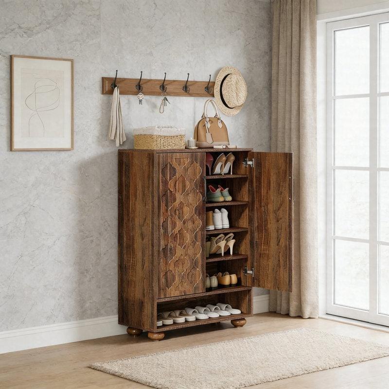 Ceviz Rengi MDF 6 Katlı Kapaklı Ayarlanabilir Raflı Ahşap Ayaklı Ayakkabılık - 228382