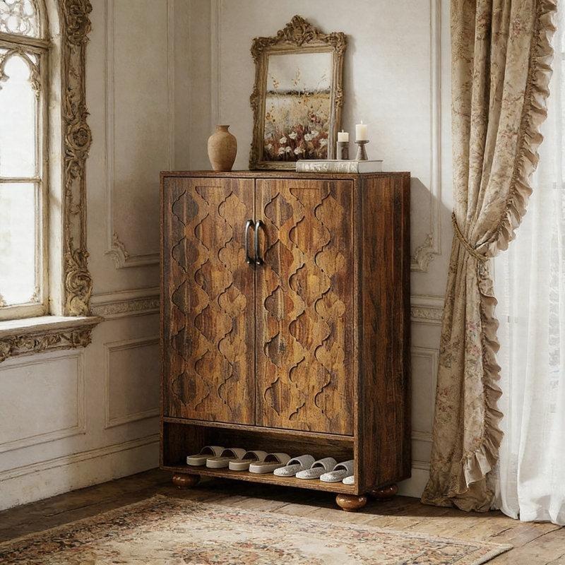 Ceviz Rengi MDF 6 Katlı Kapaklı Ayarlanabilir Raflı Ahşap Ayaklı Ayakkabılık - 228382