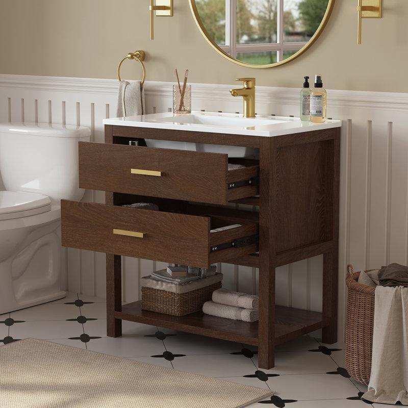 Ceviz Rengi MDF Çekmeceli ve Raflı Ayaklı Banyo Lavabo Dolabı Fırçalanmış Gold Kulp - 79 cm - 198493