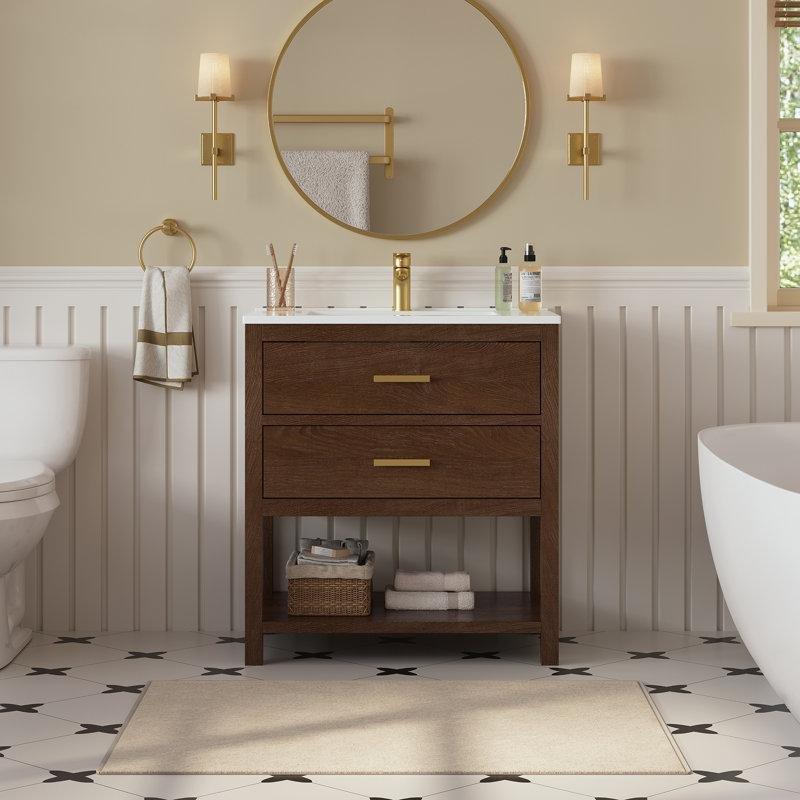 Ceviz Rengi MDF Çekmeceli ve Raflı Ayaklı Banyo Lavabo Dolabı Fırçalanmış Gold Kulp - 79 cm - 198493