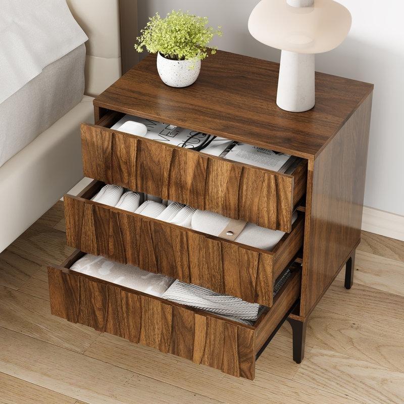 Ceviz Rengi MDF Dalga Desenli Üç Çekmeceli Metal Ayaklı Komodin - 60x40 cm - 223078