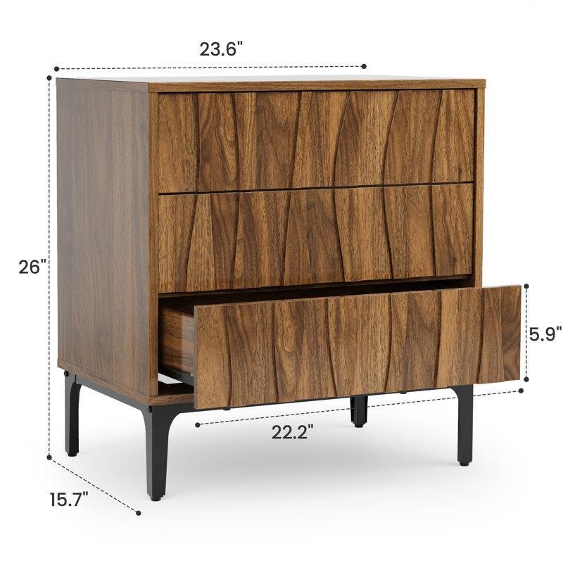 Ceviz Rengi MDF Dalga Desenli Üç Çekmeceli Metal Ayaklı Komodin - 60x40 cm - 223078