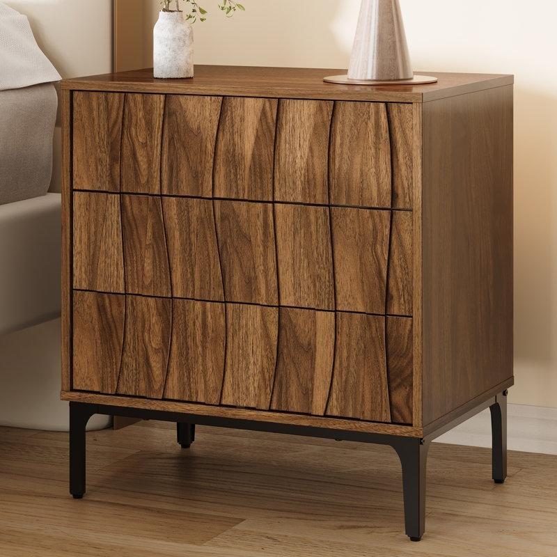 Ceviz Rengi MDF Dalga Desenli Üç Çekmeceli Metal Ayaklı Komodin - 60x40 cm - 223078