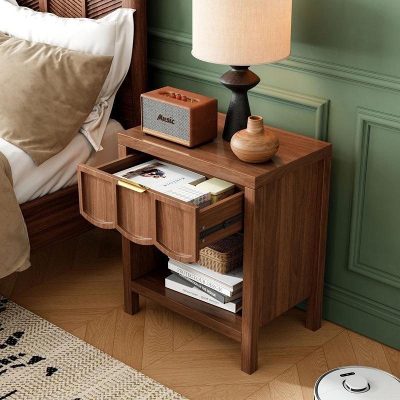 Ceviz Rengi MDF Dalgalı Panelli Tek Çekmeceli Raflı İkili Komodin Seti - 224504