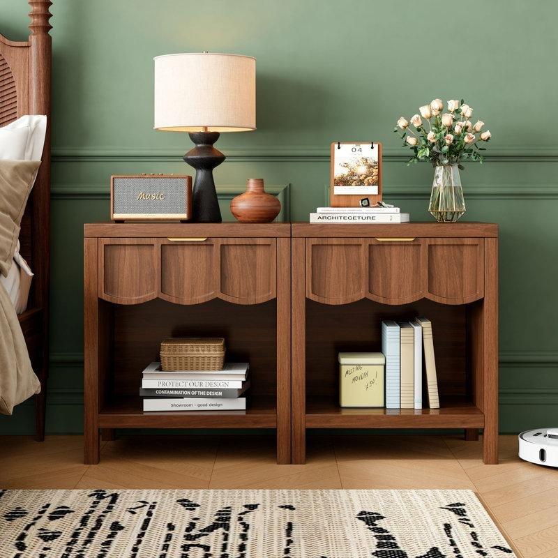 Ceviz Rengi MDF Dalgalı Panelli Tek Çekmeceli Raflı İkili Komodin Seti - 224504