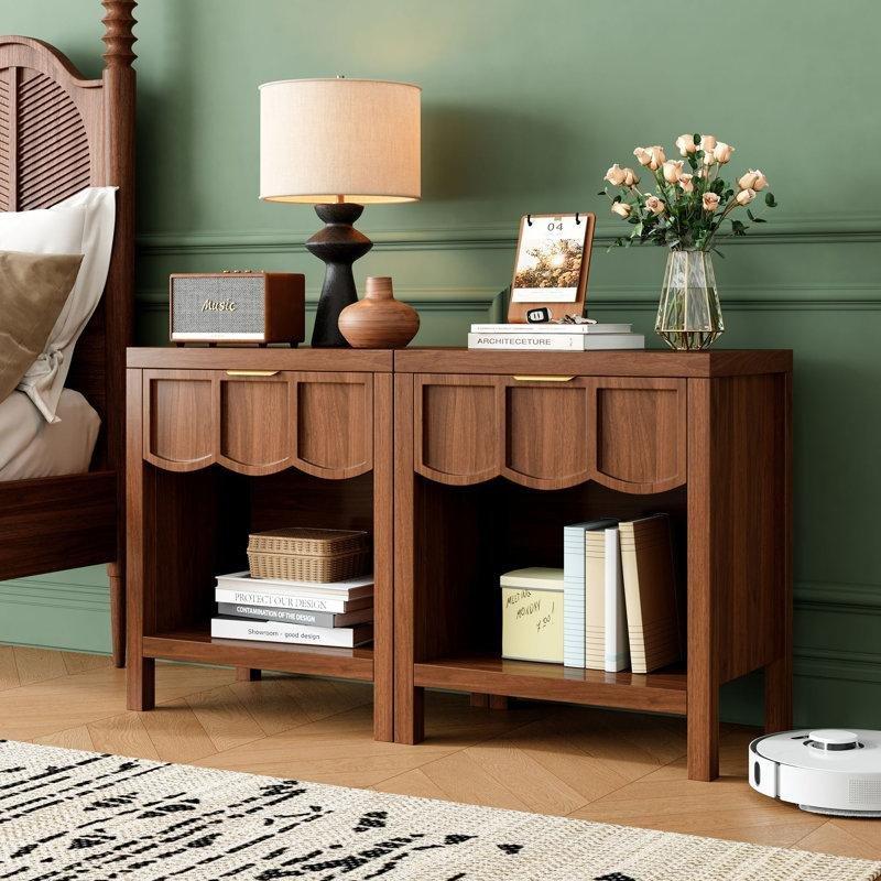 Ceviz Rengi MDF Dalgalı Panelli Tek Çekmeceli Raflı İkili Komodin Seti - 224504