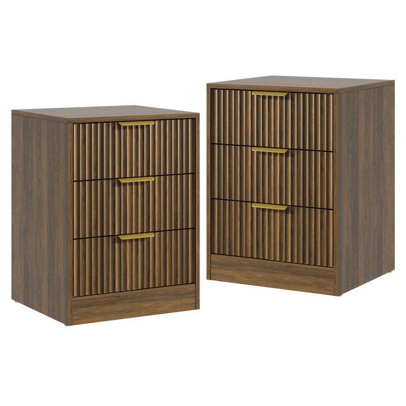Ceviz Rengi MDF Gold Kulplu Yivli 3 Çekmeceli İkili Komodin - 223346