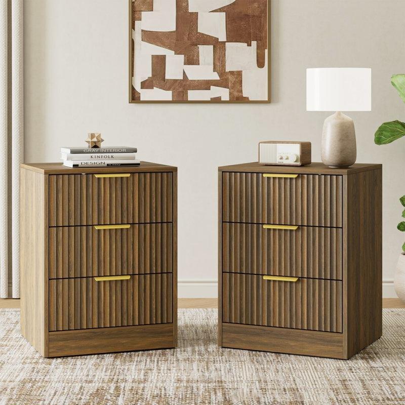 Ceviz Rengi MDF Gold Kulplu Yivli 3 Çekmeceli İkili Komodin - 223346