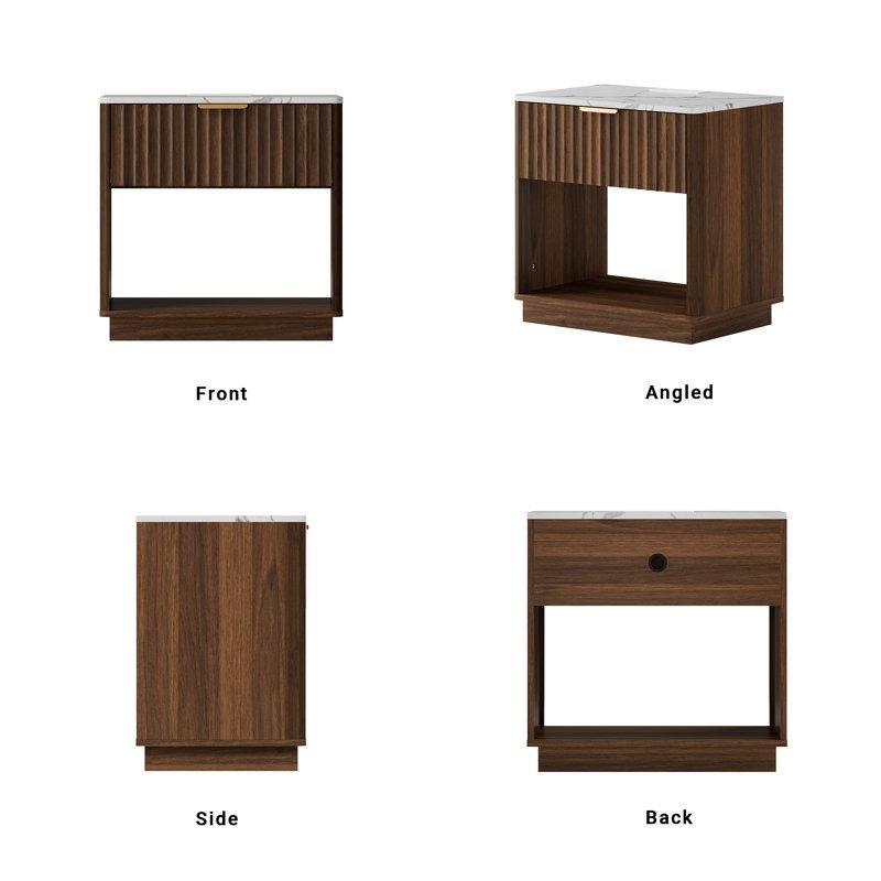 Ceviz Rengi MDF Prizli USBli Yivli Çekmeceli Komodin - 60x40 cm - 223192