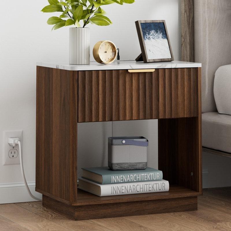 Ceviz Rengi MDF Prizli USBli Yivli Çekmeceli Komodin - 60x40 cm - 223192