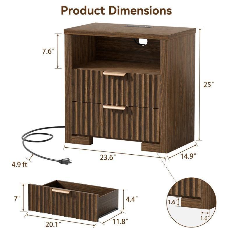 Ceviz Rengi MDF Prizli ve USB Şarjlı Yivli 2 Çekmeceli Komodin - 60x38 cm - 223590