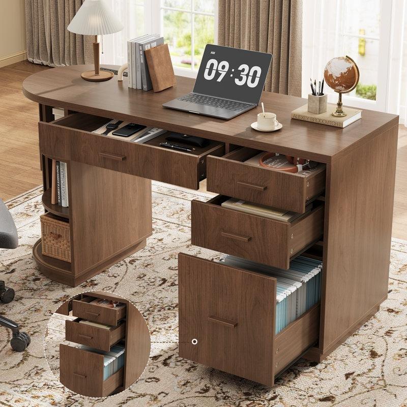 Ceviz Rengi MDF Prizli Yivli Çekmeceli ve Sürgülü Dolaplı Ofis Masası - 148 cm - 177156