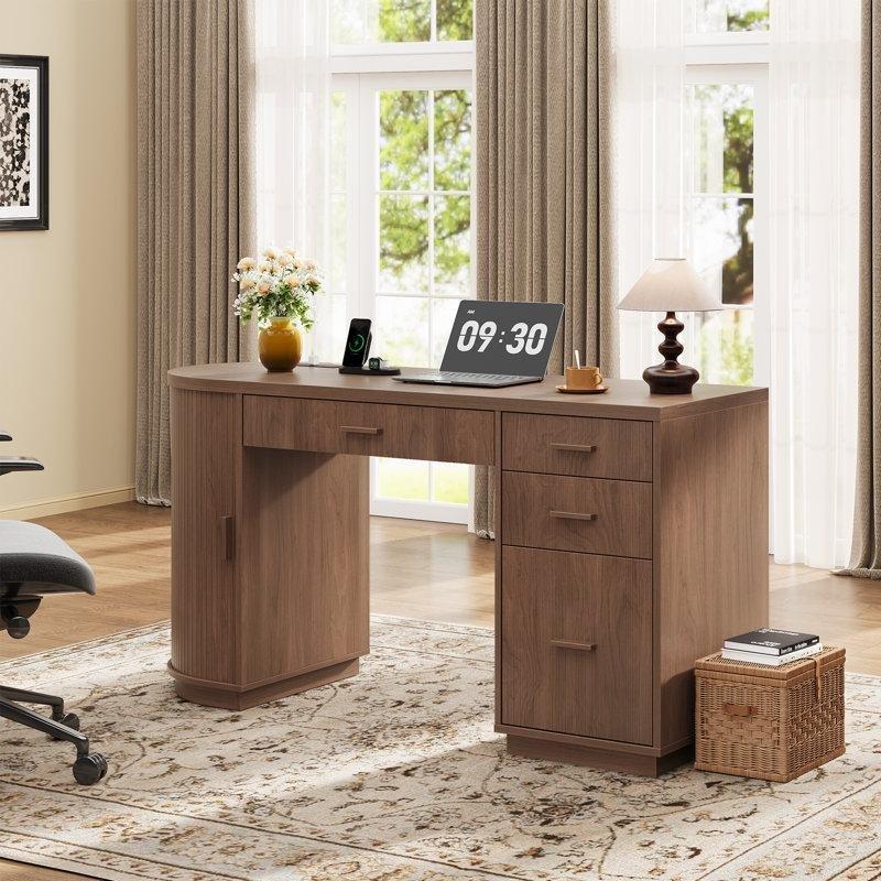 Ceviz Rengi MDF Prizli Yivli Çekmeceli ve Sürgülü Dolaplı Ofis Masası - 148 cm - 177156