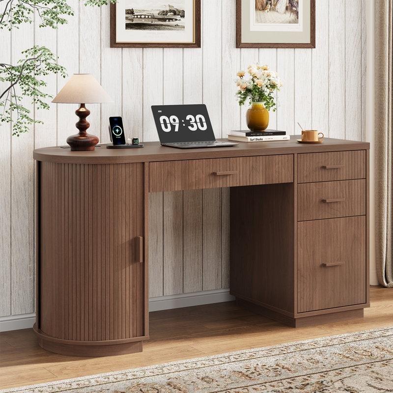 Ceviz Rengi MDF Prizli Yivli Çekmeceli ve Sürgülü Dolaplı Ofis Masası - 148 cm - 177156
