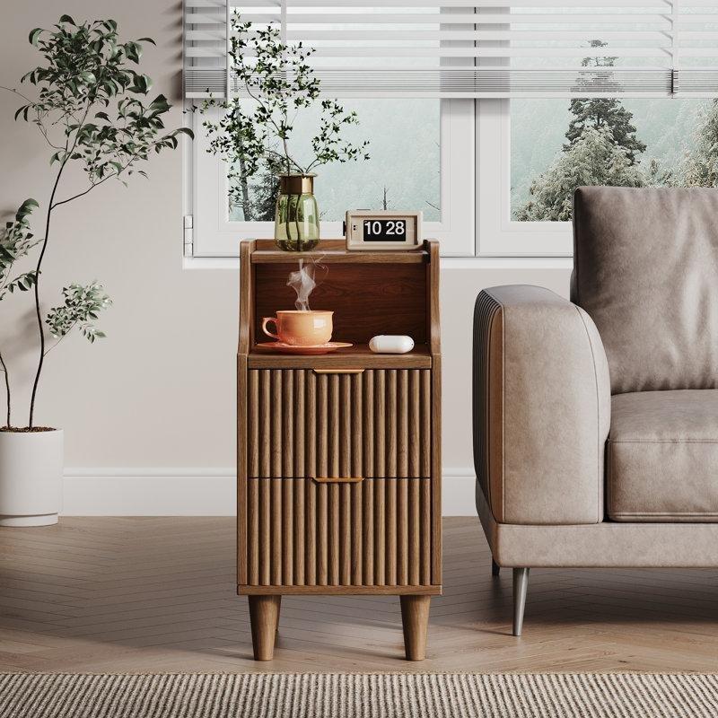 Ceviz Rengi MDF Yivli Tasarımlı İki Çekmeceli İkili Komodin Seti - 30x41x63 cm - 224497