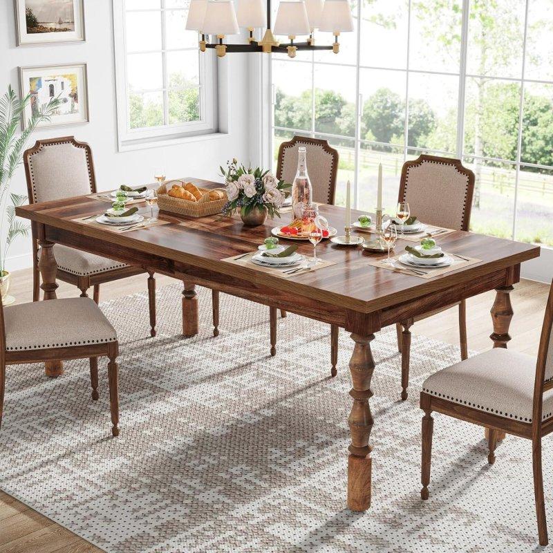 Ceviz Rengi Oymalı Ayaklı Dikdörtgen 6 Kişilik Bohem Yemek Masası - 158x78 cm - 237401