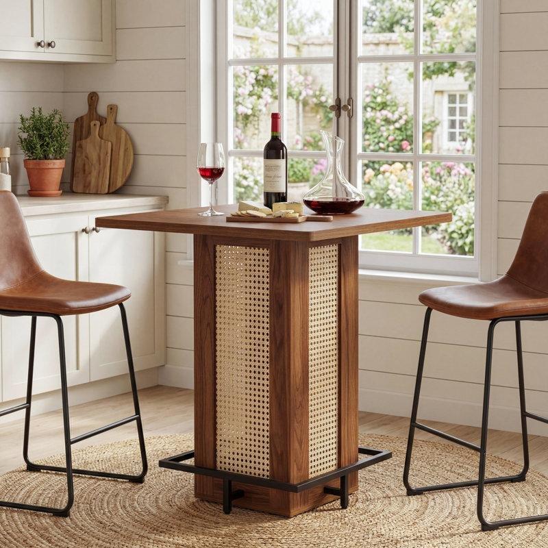 Ceviz Rengi Rattan Detaylı Siyah Metal Ayak Destekli Kare Ahşap Bar Masası - 81x81 cm - 231324