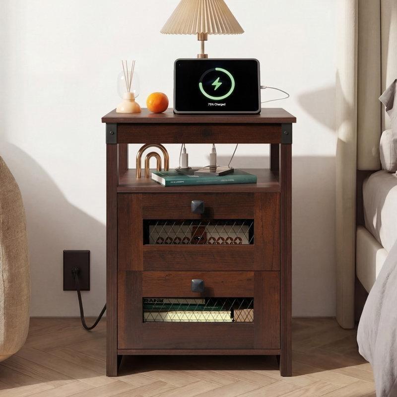 Ceviz Rengi Sunta Prizli ve USB Çıkışlı 2 Çekmeceli Raflı Komodin - 45x45x61 cm - 222901