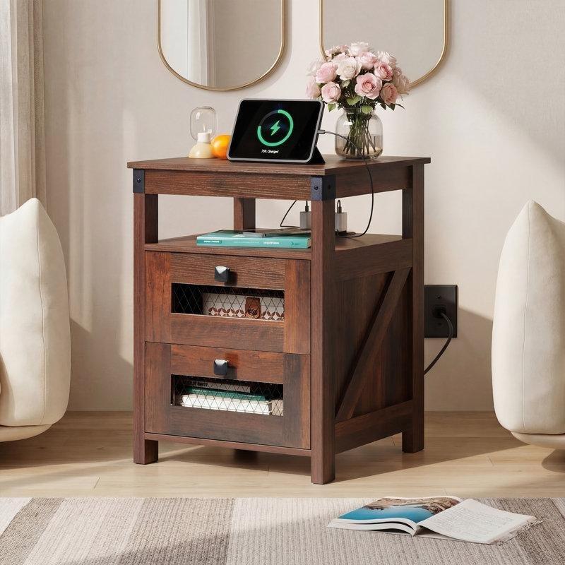 Ceviz Rengi Sunta Prizli ve USB Çıkışlı 2 Çekmeceli Raflı Komodin - 45x45x61 cm - 222901