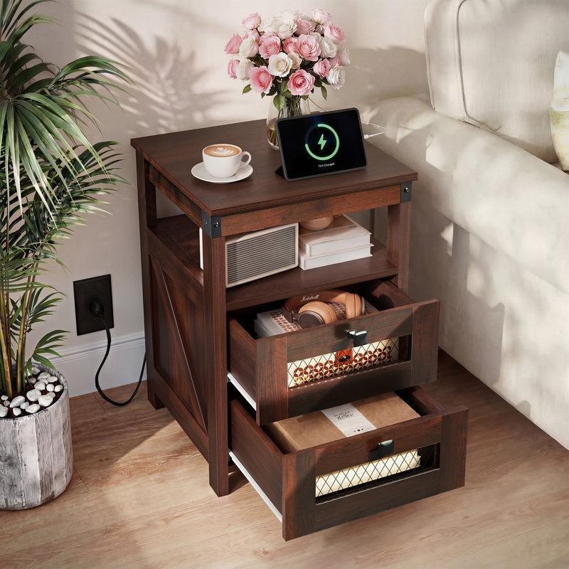 Ceviz Rengi Sunta Prizli ve USB Çıkışlı 2 Çekmeceli Raflı Komodin - 45x45x61 cm - 222901