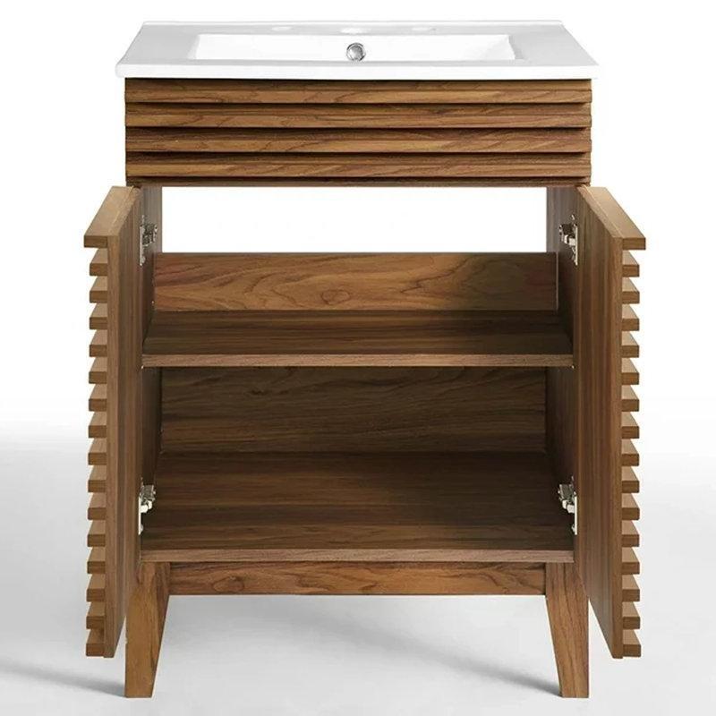 Ceviz ve Beyaz Seramik Ayaklı Yavaş Kapanır Kapaklı MDF Banyo Lavabo Dolabı - 63 cm - 201953