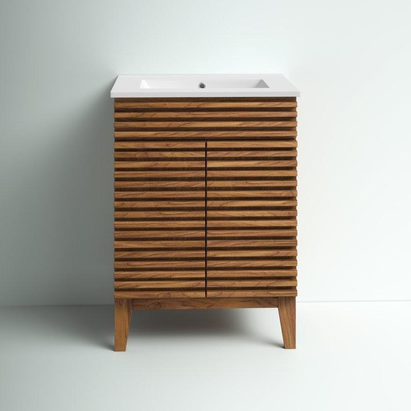 Ceviz ve Beyaz Seramik Ayaklı Yavaş Kapanır Kapaklı MDF Banyo Lavabo Dolabı - 63 cm - 201953
