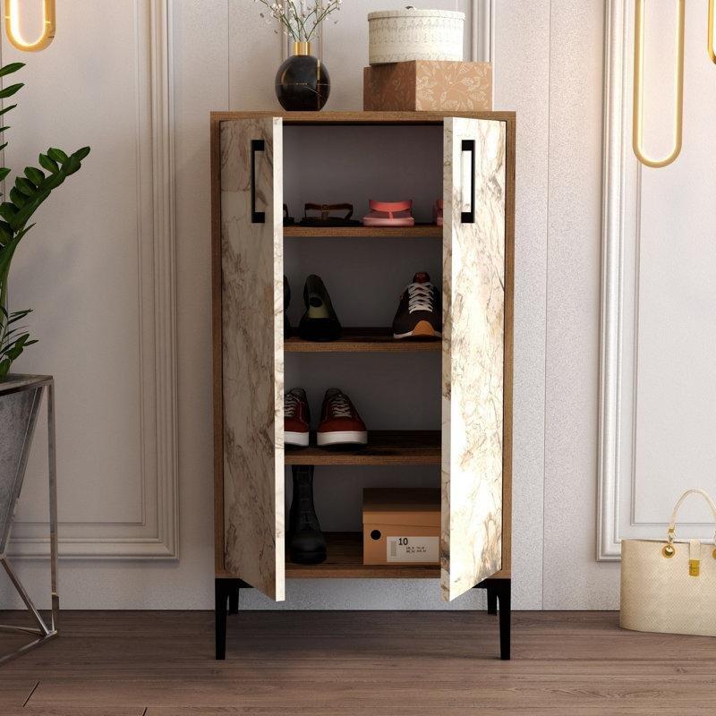 Ceviz ve Beyaz Suntalam Metal Ayaklı Duvara Monte Edilebilir Ayakkabılık - 60x111x36 cm - 229437