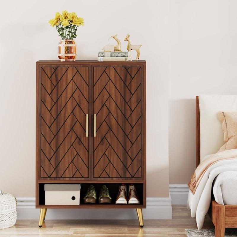 Ceviz ve Gold Metal Ayaklı 6 Raflı Kapaklı Ahşap Ayakkabılık - 75x35x110 cm - 229887