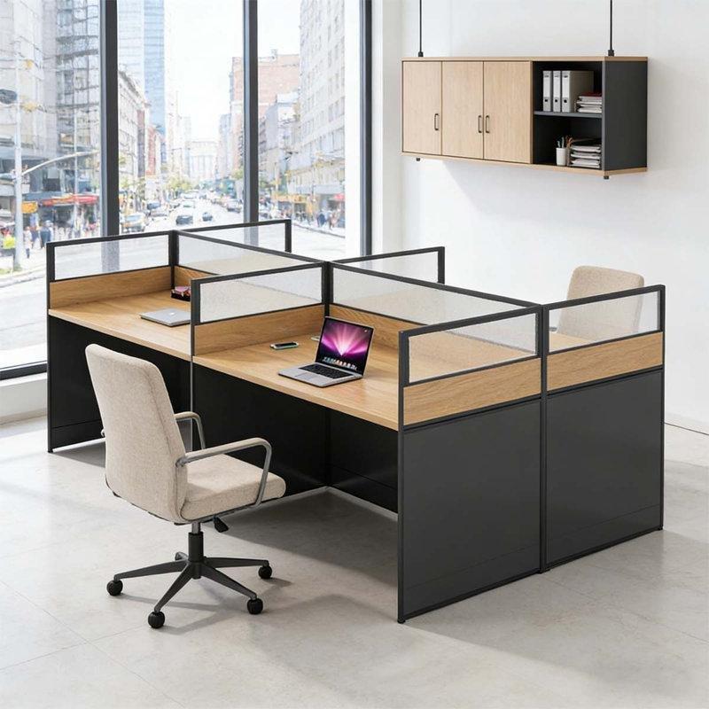 Ceviz ve Gri Dört Kişilik Bölmeli Alüminyum Çerçeveli Ofis Masası - 240x120 cm - 176823