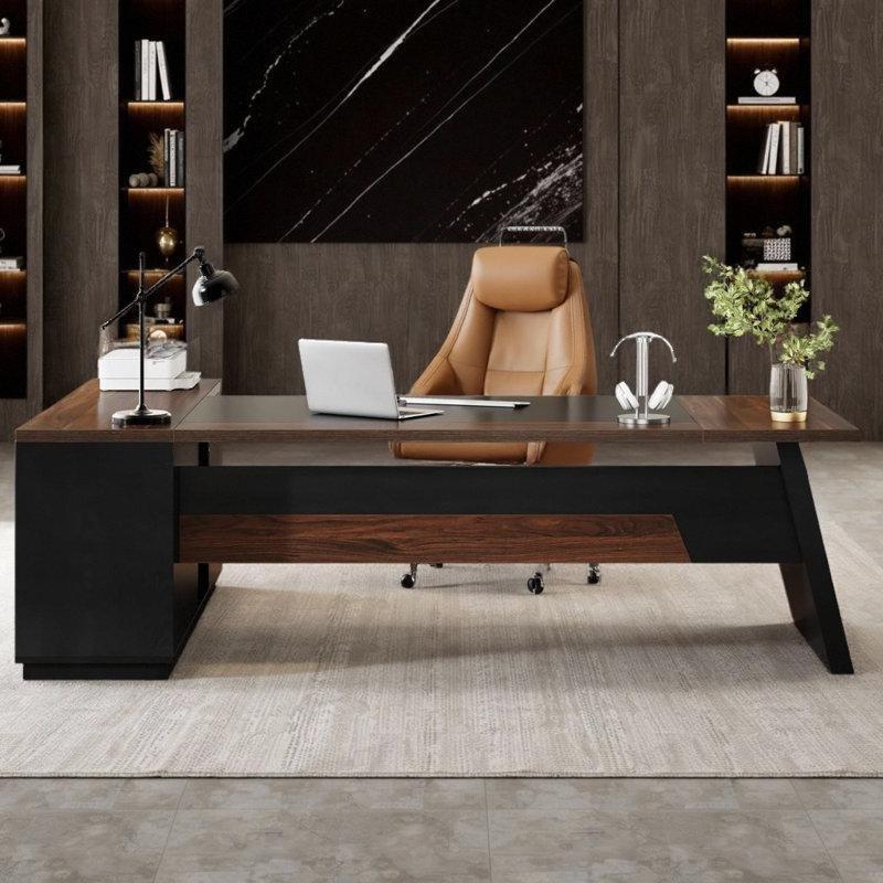 Ceviz ve Siyah MDF L Tipi Çekmeceli ve Raflı Yönetici Ofis Masası - 200x140 cm - 176966