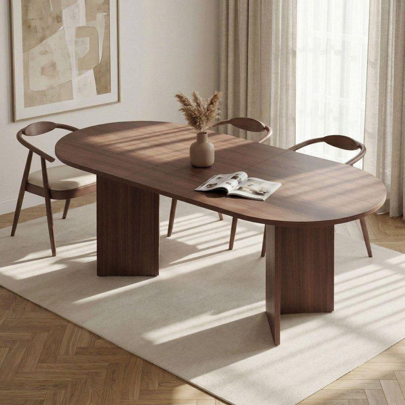 Ceviz ve Traverten Desenli Metal Ayaklı Açılabilir Oval Bohem Yemek Masası - 160-200 cm - 237038