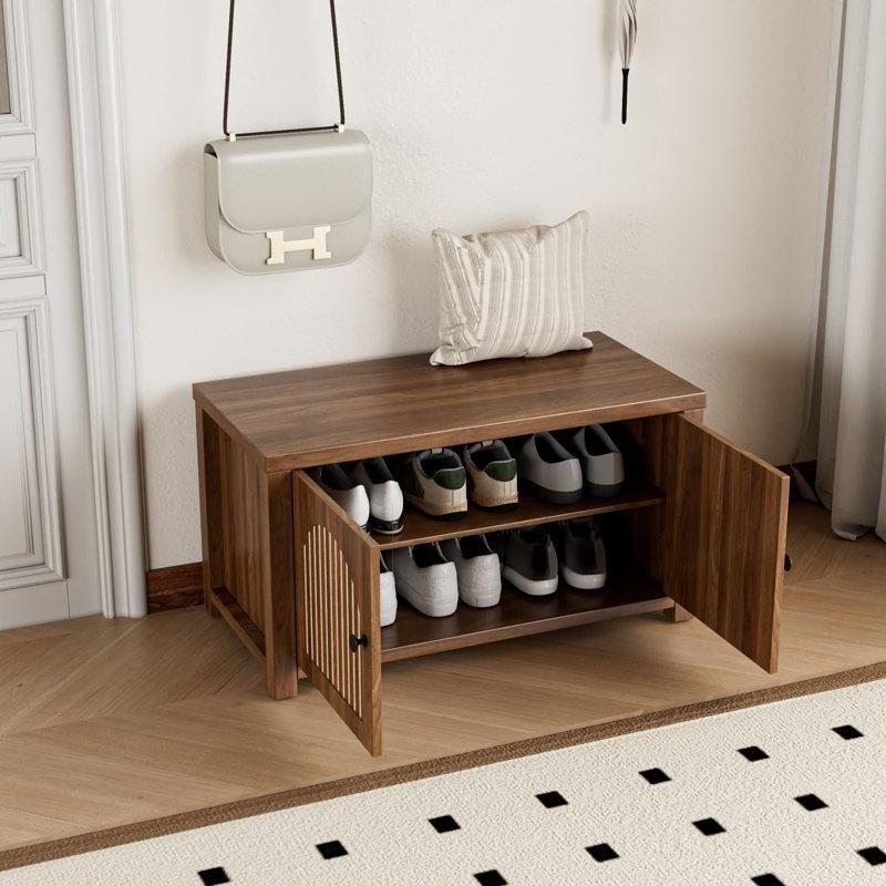 Ceviz Yivli Kapaklı Masif Ahşap Ayaklı Ayakkabılık Bankı - 72x40x43 cm - 228848