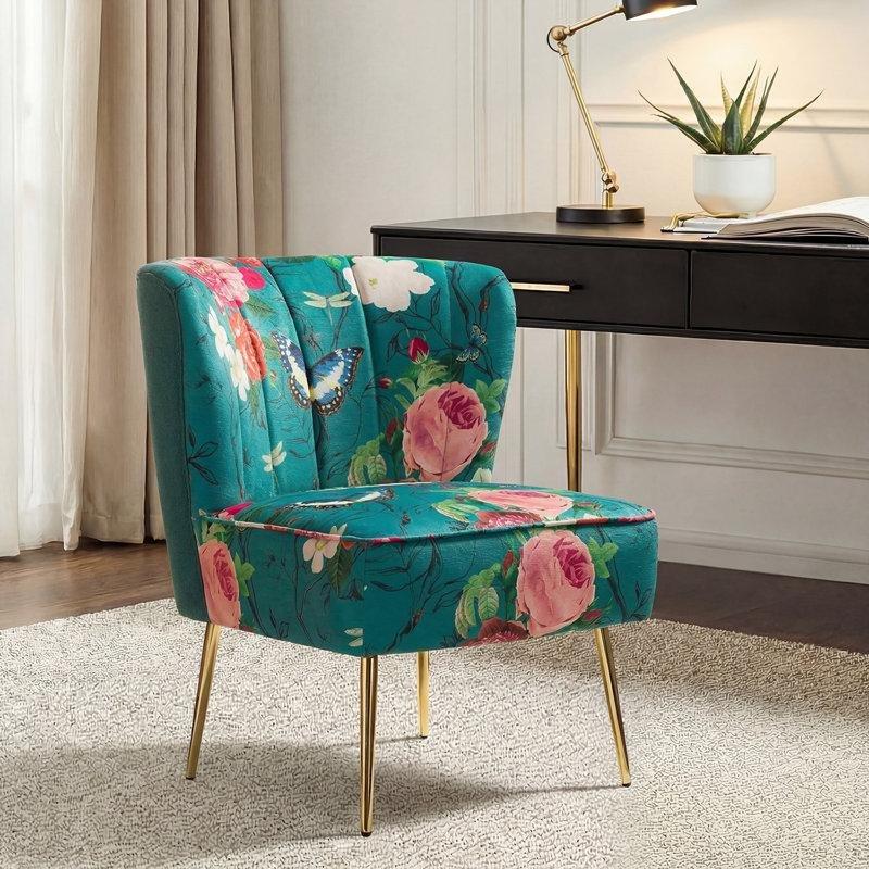 Çiçek Desenli Kadife Kapitoneli Gold Metal Ayaklı Kolsuz Tekli Koltuk - 205288