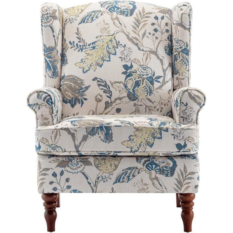 Çiçek Desenli Keten Kumaş Masif Ahşap Ayaklı Kulaklı Tekli Koltuk - 203523