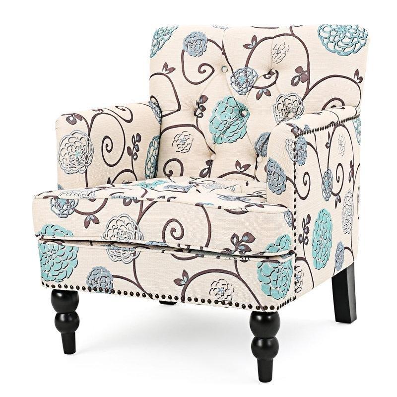 Çiçek Desenli Kumaş Kapitoneli Zımba Detaylı Masif Ahşap Ayaklı Berjer Koltuk - 203211