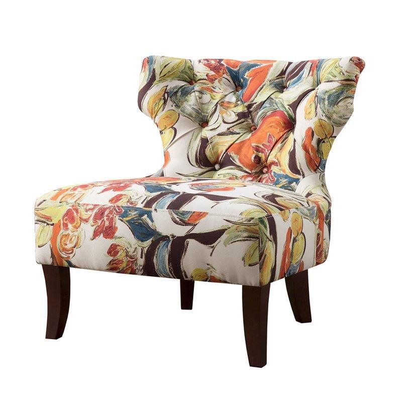 Çiçek Desenli Polyester Kumaş Kapitoneli Masif Ahşap Ayaklı Kulaklı Tekli Koltuk - 74 cm - 205299
