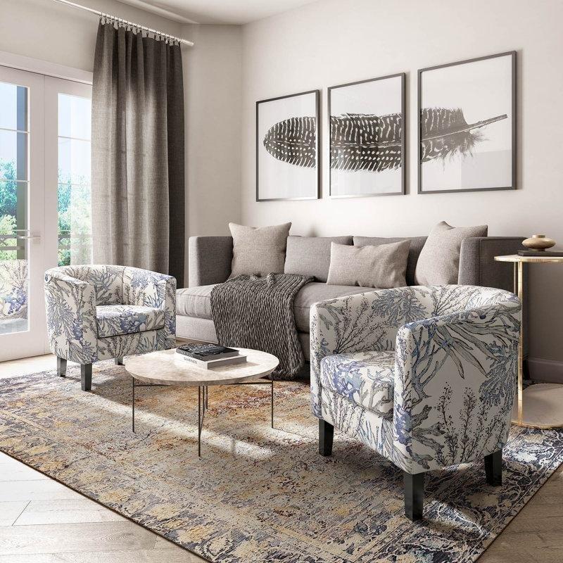 Çiçek Desenli Polyester Kumaş Siyah Masif Ahşap Ayaklı Fıçı Tekli Koltuk - 204042