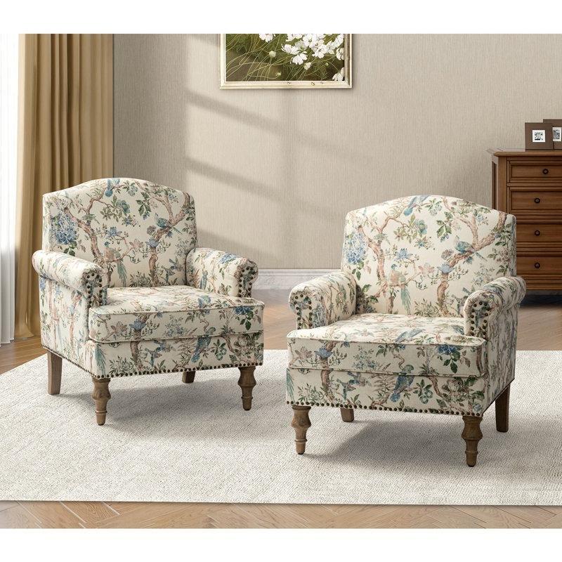 Çiçek Desenli Zımba Detaylı Deve Sırtı Masif Ahşap Ayaklı 2li Tekli Koltuk Seti - 77 cm - 203819