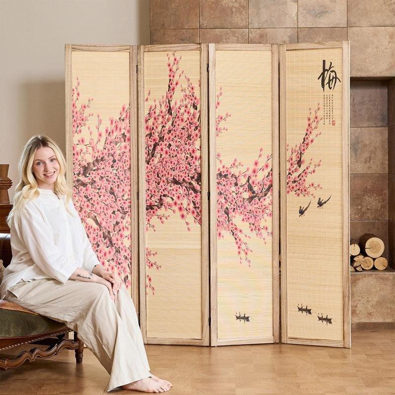 Çift Taraflı Baskılı Erik Çiçeği Desenli Bambu ve Paulownia Ahşap 4 Panelli Paravan - 170x163 cm - 184740