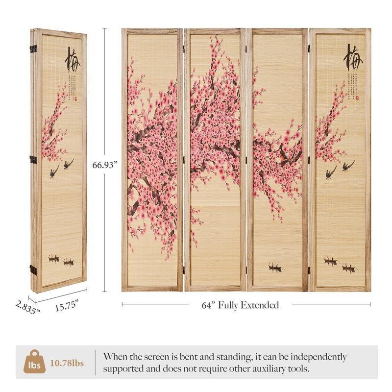 Çift Taraflı Baskılı Erik Çiçeği Desenli Bambu ve Paulownia Ahşap 4 Panelli Paravan - 170x163 cm - 184740