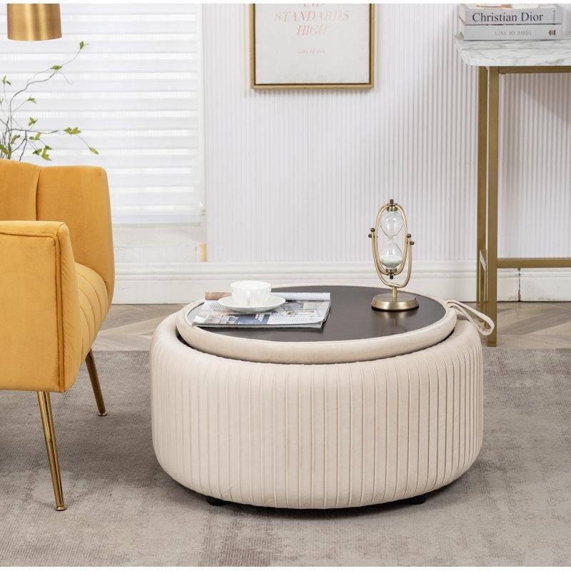 Çıkarılabilir Tepsili Kadife Kumaş Sandıklı Yuvarlak Puf - 72 cm - 165250