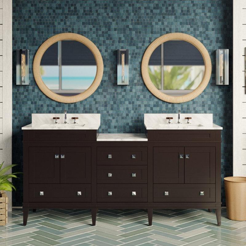 Çikolata Masif Çam Ağacı Carrara Mermer Tezgahlı Çift Lavabolu Banyo Dolabı - 183 cm - 202121
