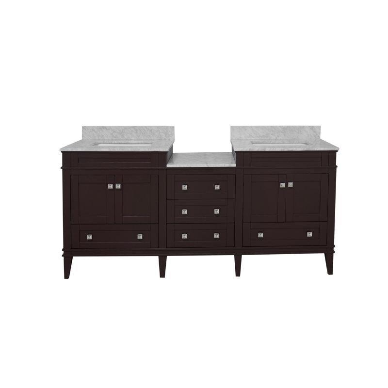 Çikolata Masif Çam Ağacı Carrara Mermer Tezgahlı Çift Lavabolu Banyo Dolabı - 183 cm - 202121