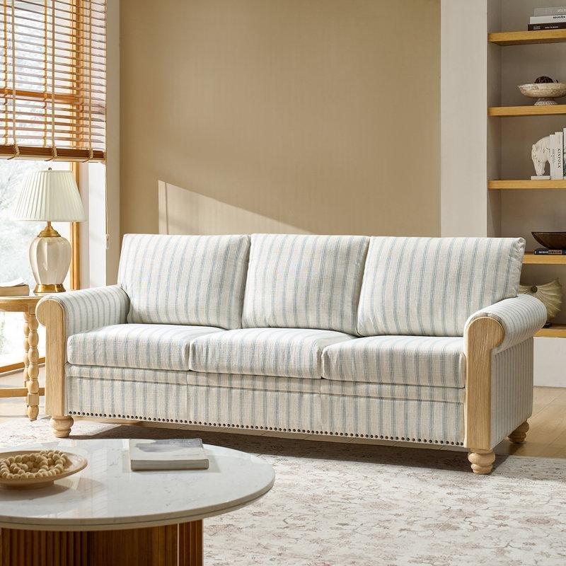 Çizgili Keten Masif Ahşap Ayaklı Kıvrımlı Kollu Zımba Detaylı Koltuk - 206 cm - 197242